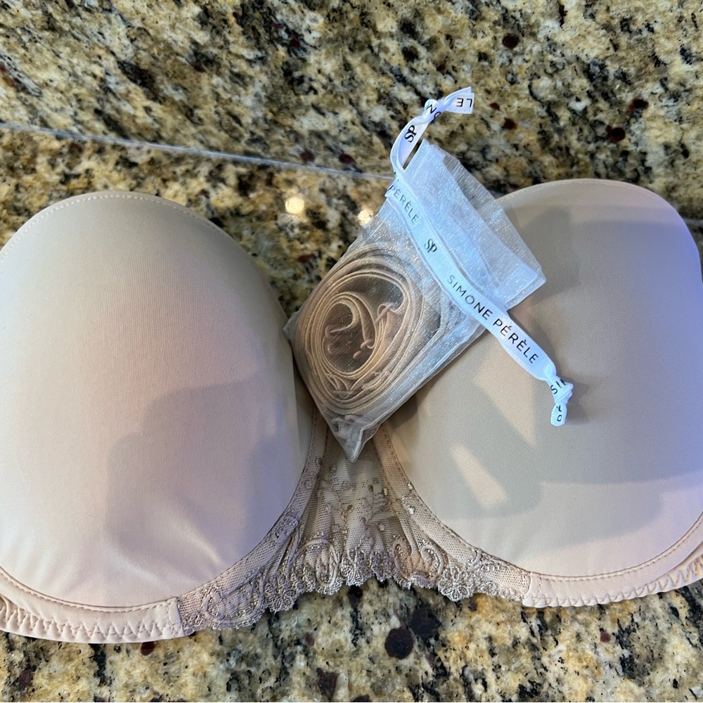 ✨NWOT SIMONE PERELE🩶34DD 34E Strapless Bra in Nude/Beige lace